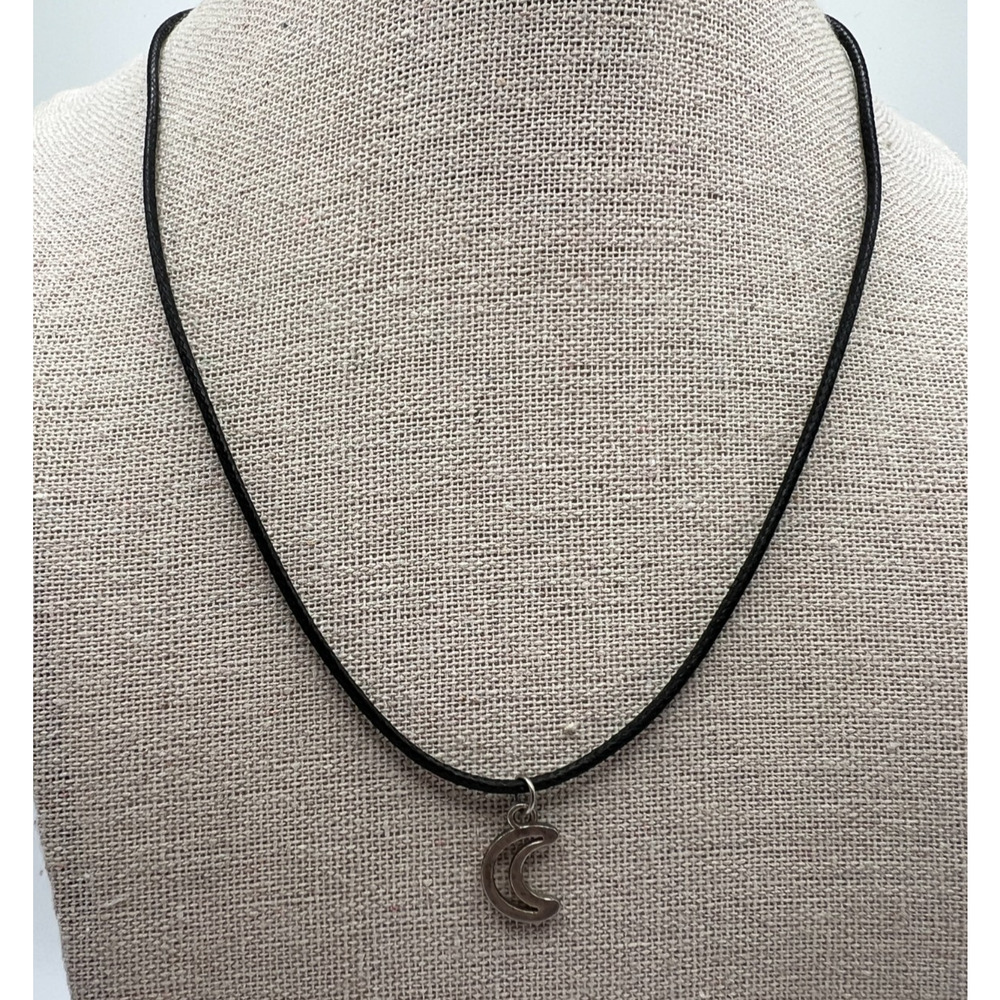 90s black cord silver tone open crescent moon pendant‎ necklace witchy celestial